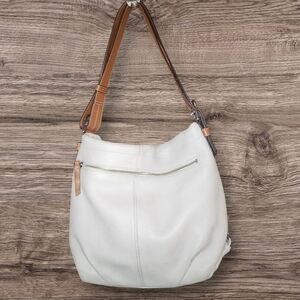 #15064 Coach Alex White Pebbled Leather Bucket Shoulder Bag w Tan Buckle Strap